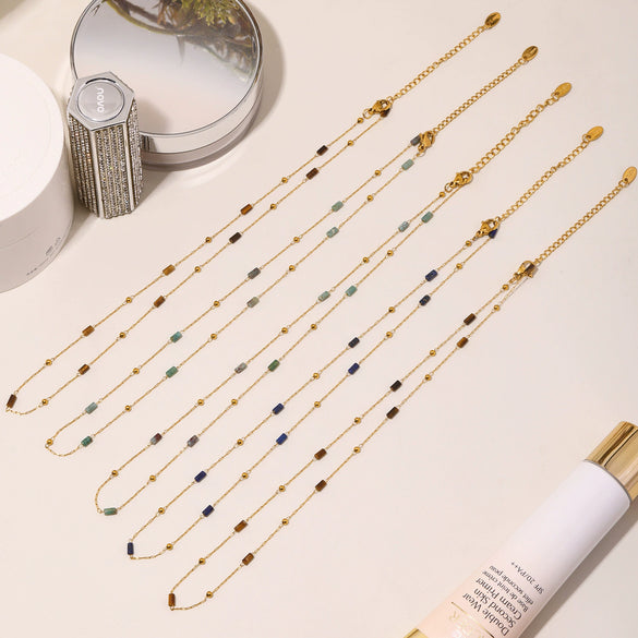 Wholesale Handmade Stainless Steel Tiger Eye Stone Geometric Pattern Hammered Cross Beaded Clavicle Necklace For Women Light Luxury Style Electroplated