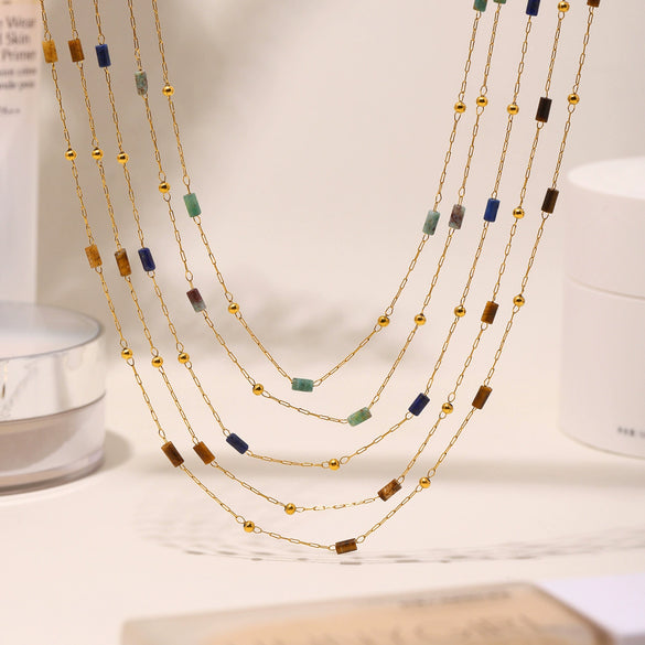 Wholesale Handmade Stainless Steel Tiger Eye Stone Geometric Pattern Hammered Cross Beaded Clavicle Necklace For Women Light Luxury Style Electroplated