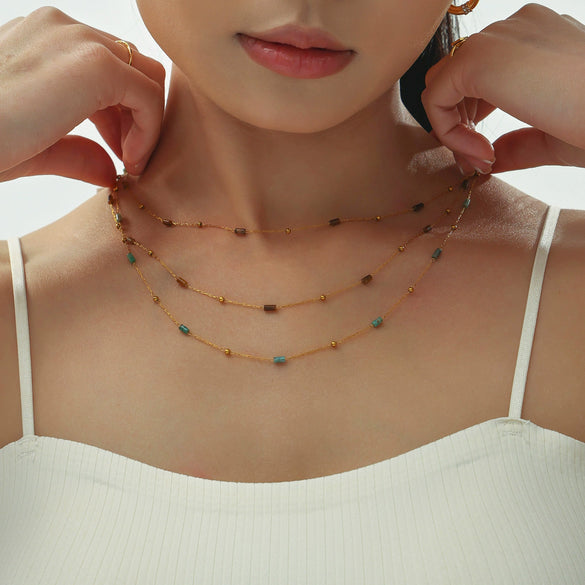 Wholesale Handmade Stainless Steel Tiger Eye Stone Geometric Pattern Hammered Cross Beaded Clavicle Necklace For Women Light Luxury Style Electroplated