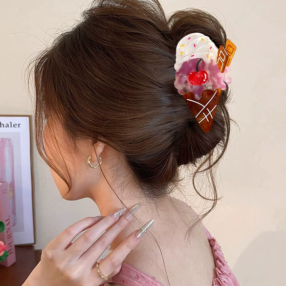 Wholesale Handmade Sweet Fruit Food Style Acetic Acid Hair Gripper Ice Cream Cone Watermelon Shark Clip For Female And Unisex