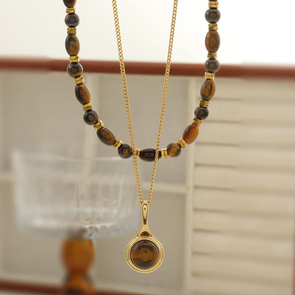 Wholesale Handmade Vintage Geometric Tiger Eye Stone And Stainless Steel Necklace For Women
