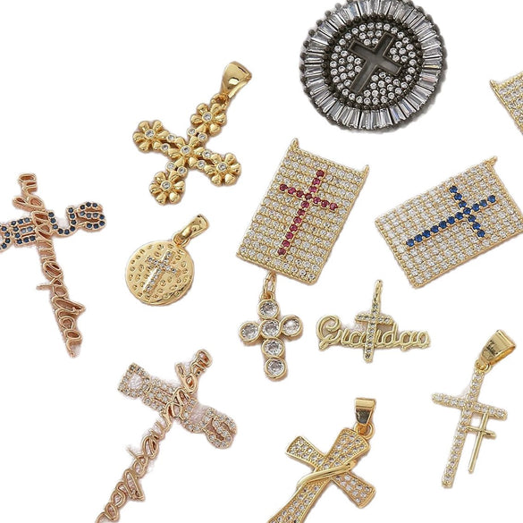 Wholesale Handmade Vintage 18K Gold Electroplated Copper Cross Pendant Jewelry Parts