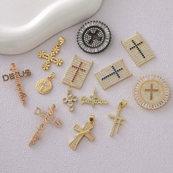Wholesale Handmade Vintage 18K Gold Electroplated Copper Cross Pendant Jewelry Parts