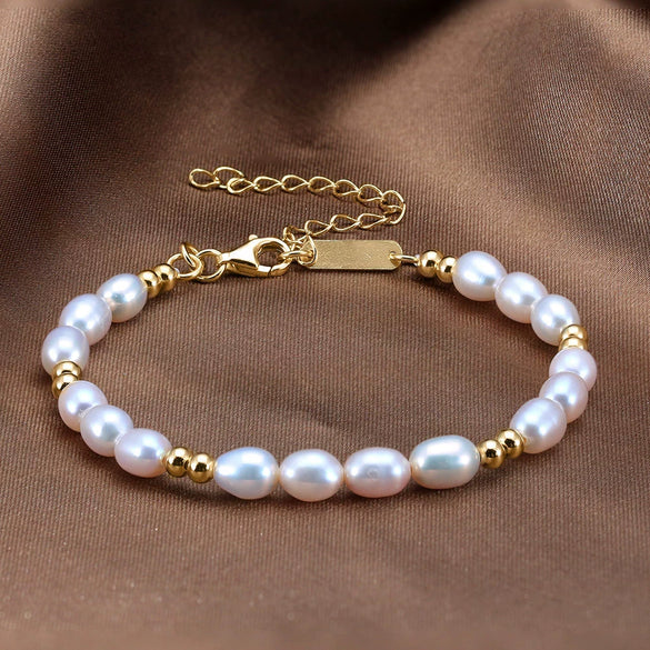 Wholesale Handmade Women's Adjustable Bracelet With S925 Sterling Silver Gold Beads Natural Freshwater Pearls And Geometric Pattern Electroplated