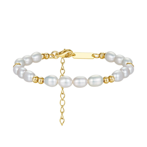 Wholesale Handmade Women's Adjustable Bracelet With S925 Sterling Silver Gold Beads Natural Freshwater Pearls And Geometric Pattern Electroplated