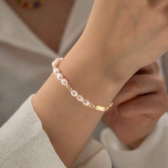 Wholesale Handmade Women's Adjustable Bracelet With S925 Sterling Silver Gold Beads Natural Freshwater Pearls And Geometric Pattern Electroplated