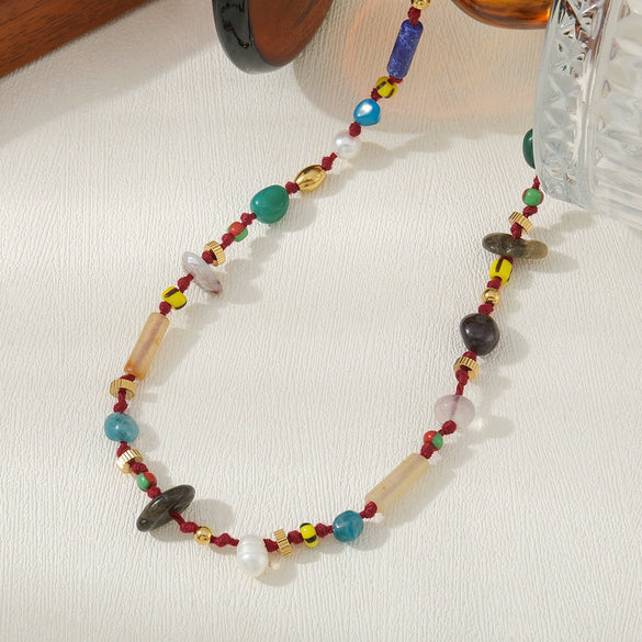 Wholesale Handmade Women's Geometric Style Necklace With Limestone Rice Beads Shoushan Stone And Natural Freshwater Pearl