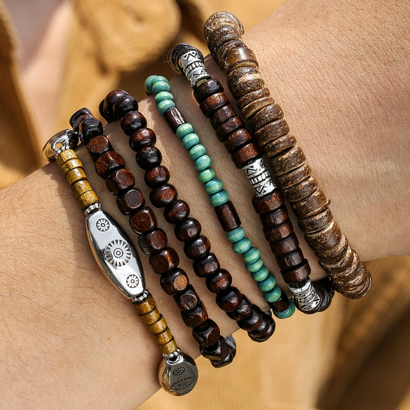 Wholesale Handmade Wooden Beads Alloy Multilayer Elastic Geometric Unisex Bracelet