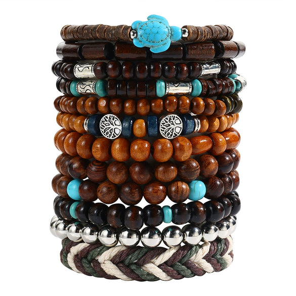 Wholesale Handmade Wooden Beads Alloy Multilayer Elastic Geometric Unisex Bracelet