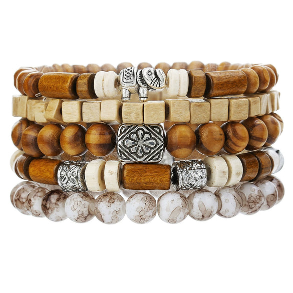 Wholesale Handmade Wooden Beads Alloy Multilayer Elastic Geometric Unisex Bracelet