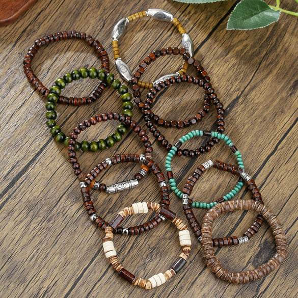 Wholesale Handmade Wooden Beads Alloy Multilayer Elastic Geometric Unisex Bracelet