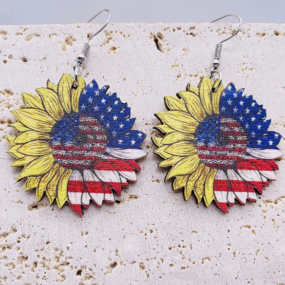 Wholesale Handmade Wooden Women's Earrings With Sunflower And Leopard Pattern Geometric And Drop Shaped Design