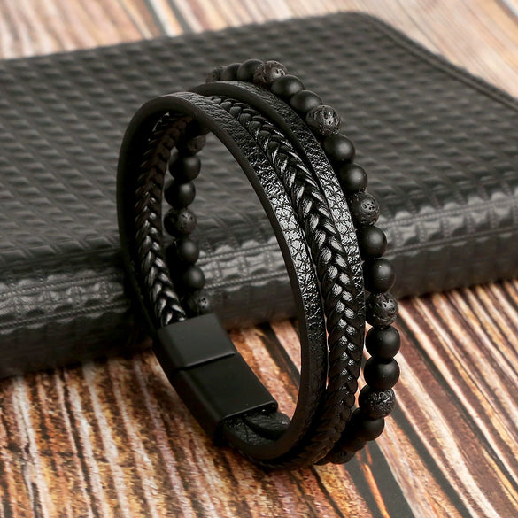 Wholesale Handmade Woven Men's Natural Obsidian Beaded Bracelet With Geometric Pattern