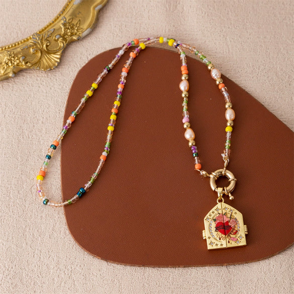 Wholesale Handpainted Handbeaded Electroplated Copper And Stainless Steel Heart Geometric Pendant Necklace For Women