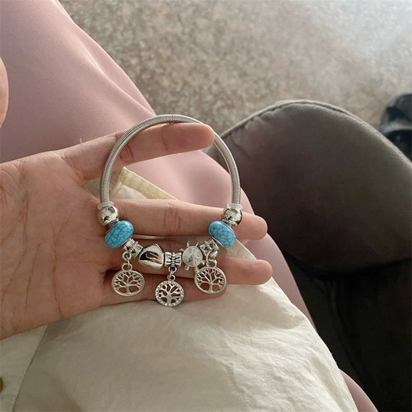 Wholesale Handpainted Stainless Steel Tree Of Life Beaded Open Bracelet Electroplated Jewelry For Women