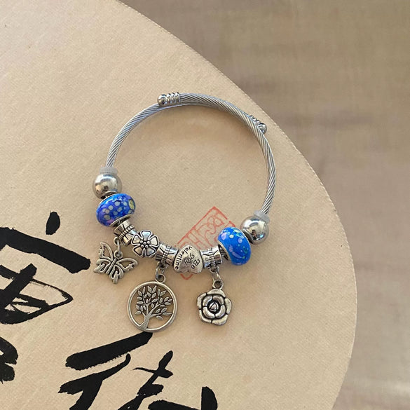 Wholesale Handpainted Stainless Steel Tree Of Life Beaded Open Bracelet Electroplated Jewelry For Women