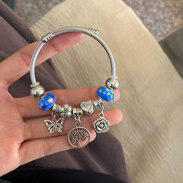 Wholesale Handpainted Stainless Steel Tree Of Life Beaded Open Bracelet Electroplated Jewelry For Women