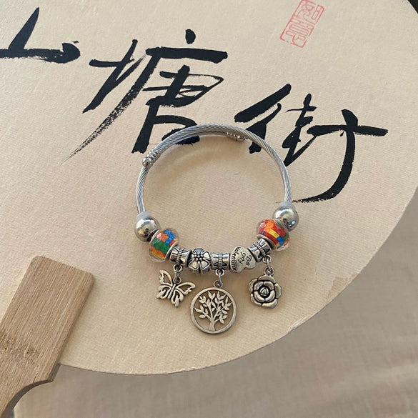 Wholesale Handpainted Stainless Steel Tree Of Life Beaded Open Bracelet Electroplated Jewelry For Women