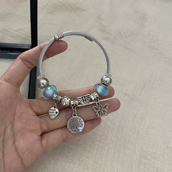 Wholesale Handpainted Stainless Steel Tree Of Life Beaded Open Bracelet Electroplated Jewelry For Women
