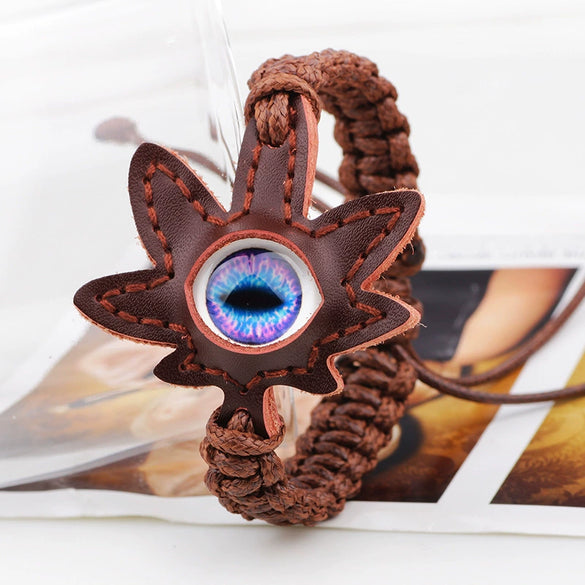 Wholesale Handwoven Leather Bracelet With Luminous Stone Devil's Eye And Leaf Pattern