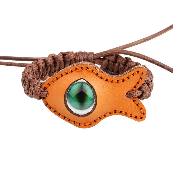 Wholesale Handwoven Leather Bracelet With Luminous Stone Devil's Eye And Leaf Pattern