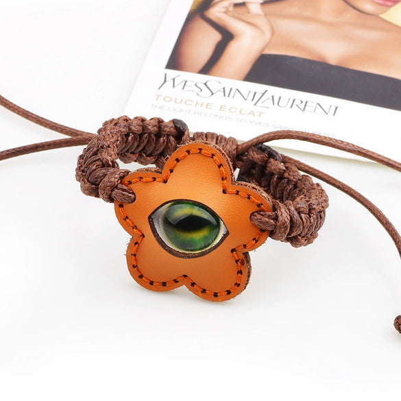 Wholesale Handwoven Leather Bracelet With Luminous Stone Devil's Eye And Leaf Pattern