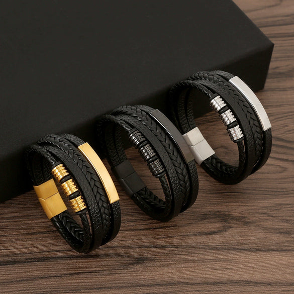 Wholesale Handwoven Leather Bracelets With Stainless Steel Magnet Buckles And Geometric Pattern For Men Electroplated Jewelry