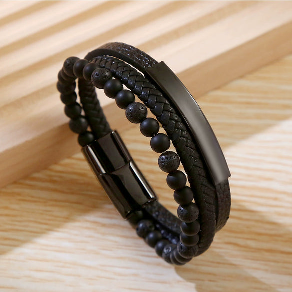 Wholesale Handwoven Stainless Steel Leather Bracelet Geometric Style For Men