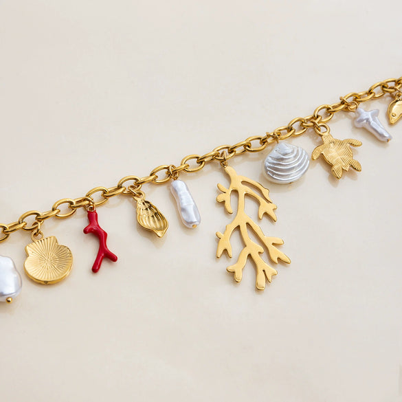 Wholesale Hanging Jewelry Stainless Steel Acrylic Pearl Shell Red Oil Dripping Coral Retro Minimalist Electroplating Style