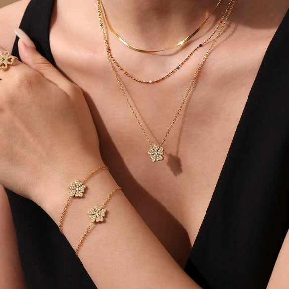 Wholesale Heart Flower Double Layer Jewelry Set For Women Stainless Steel 18K Gold Electroplated