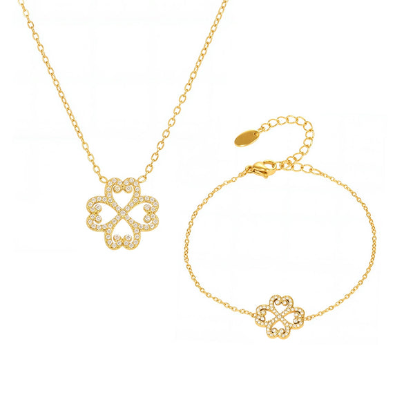 Wholesale Heart Fourleaf Flower Multilayer Stainless Steel Fashionable Elegant Colorpreserving Necklace Bracelet Set With Electroplating