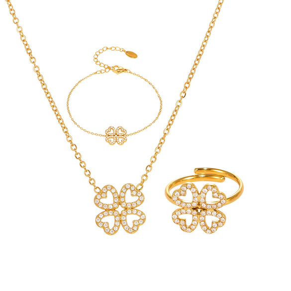 Wholesale Heart Fourleaf Flower Stainless Steel Jewelry Set With Green Glass Pendant And Electroplating For Women
