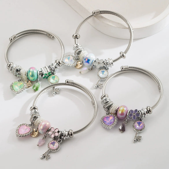 Wholesale Heart Key Flower Pendant Bracelet Alloy Set With Diamonds Adjustable Couple Bracelet