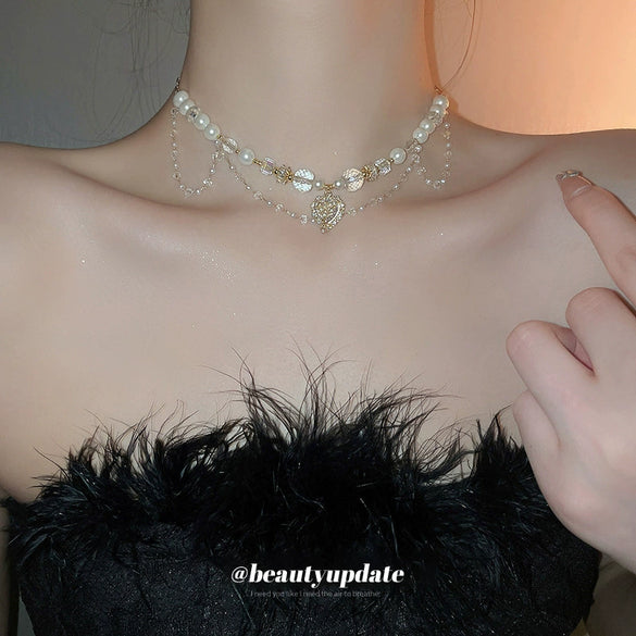 Wholesale Heart Shape Artificial Crystal And Pearl Clavicle Necklace Handmade For Women