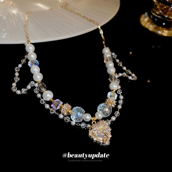 Wholesale Heart Shape Artificial Crystal And Pearl Clavicle Necklace Handmade For Women