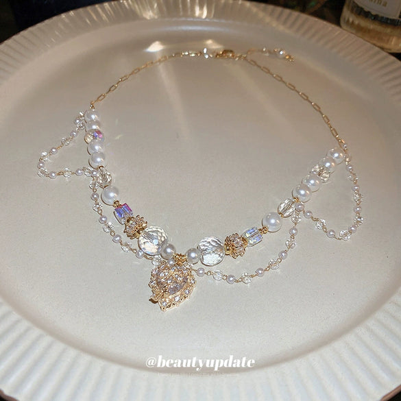 Wholesale Heart Shape Artificial Crystal And Pearl Clavicle Necklace Handmade For Women