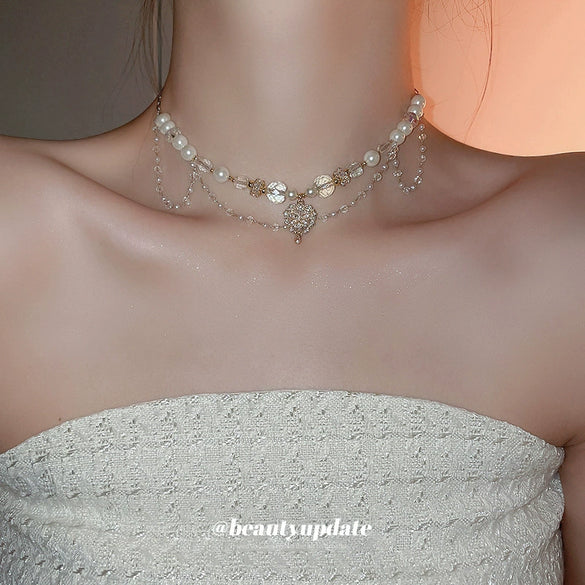 Wholesale Heart Shape Artificial Crystal And Pearl Clavicle Necklace Handmade For Women