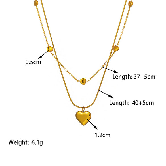 Wholesale Heart Shape 18K Goldplated Titanium Steel Double Layer Snake Bone Chain Necklace For Women