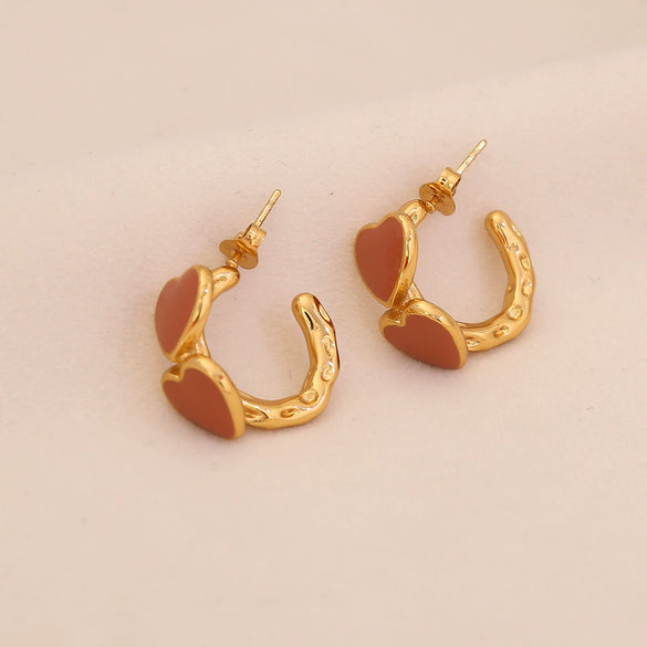 Wholesale Heart Shaped C Shaped Stainless Steel Earrings With Dripping Oil For Women