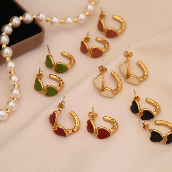 Wholesale Heart Shaped C Shaped Stainless Steel Earrings With Dripping Oil For Women