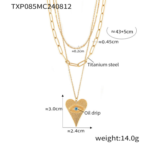 Wholesale Heart Shaped Devil's Eye Pendant Earrings And Multi Layer Necklace In Titanium Steel With 18K Real Gold Electroplated For Women