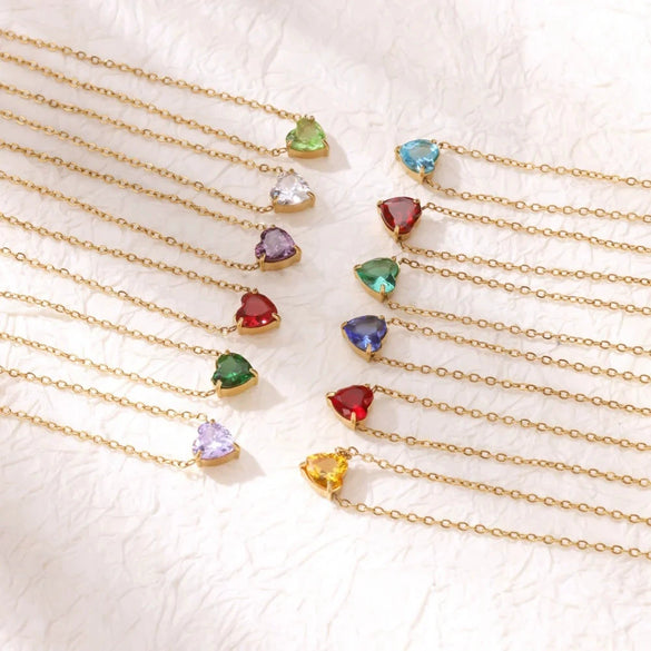 Wholesale Heart Shaped Stainless Steel Birthstone Necklace With 18K Gold Plated Electroplating For Women