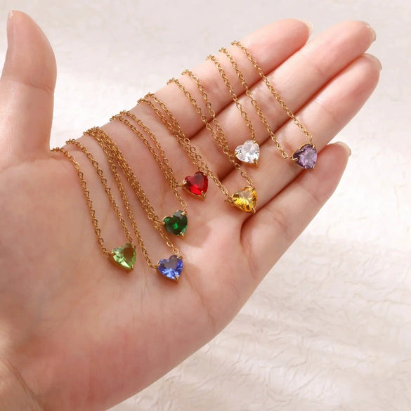Wholesale Heart Shaped Stainless Steel Birthstone Necklace With 18K Gold Plated Electroplating For Women
