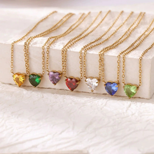 Wholesale Heart Shaped Stainless Steel Birthstone Necklace With 18K Gold Plated Electroplating For Women