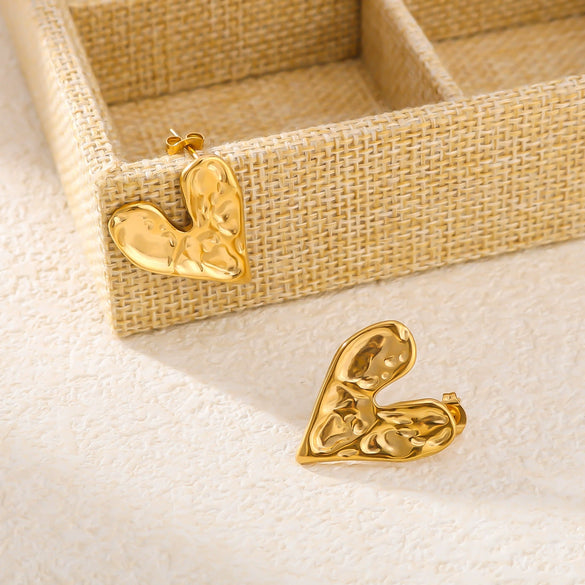 Wholesale Heart Shaped Stainless Steel Earrings With 18K Gold Plated Geometric Rock Surface For Women