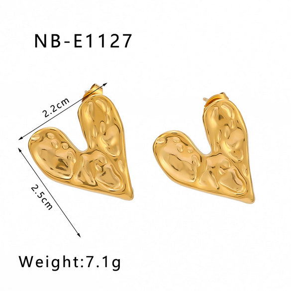 Wholesale Heart Shaped Stainless Steel Earrings With 18K Gold Plated Geometric Rock Surface For Women