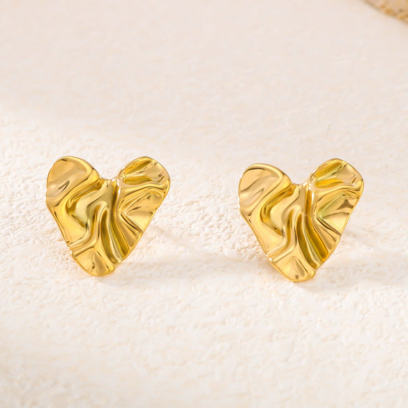 Wholesale Heart Shaped Stud Earrings For Women Glossy Pleated Stainless Steel 18K Gold Plated