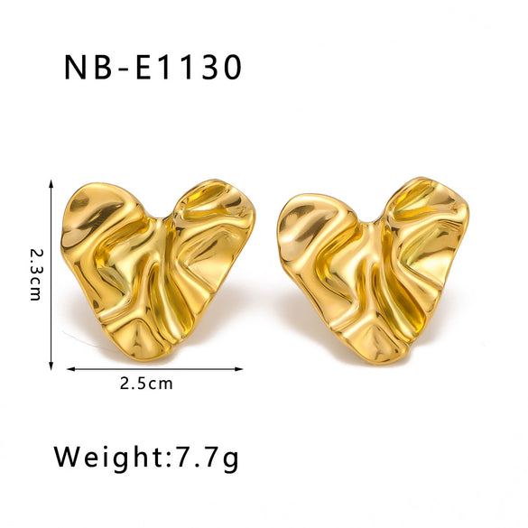 Wholesale Heart Shaped Stud Earrings For Women Glossy Pleated Stainless Steel 18K Gold Plated