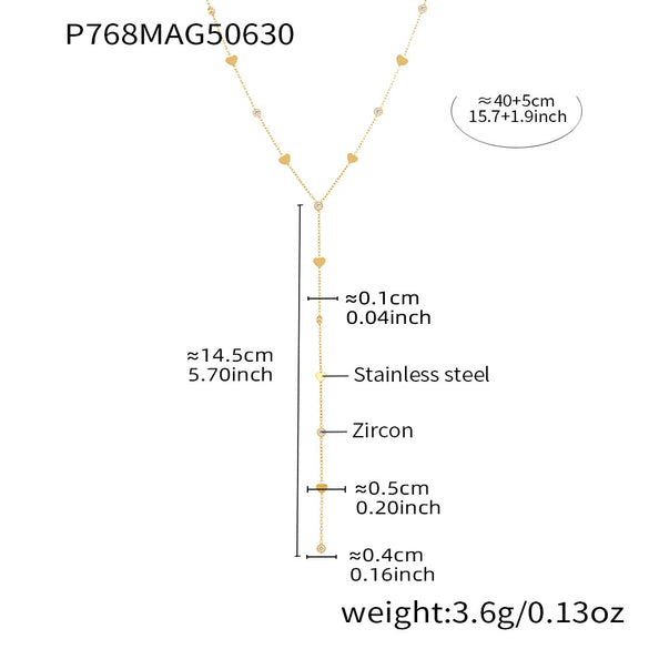 Wholesale Heart Shaped Zircon Y Shaped Tassel Women's Necklace In Stacked Stainless Steel With 18K Gold Electroplating