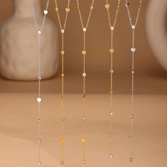 Wholesale Heart Shaped Zircon Y Shaped Tassel Women's Necklace In Stacked Stainless Steel With 18K Gold Electroplating